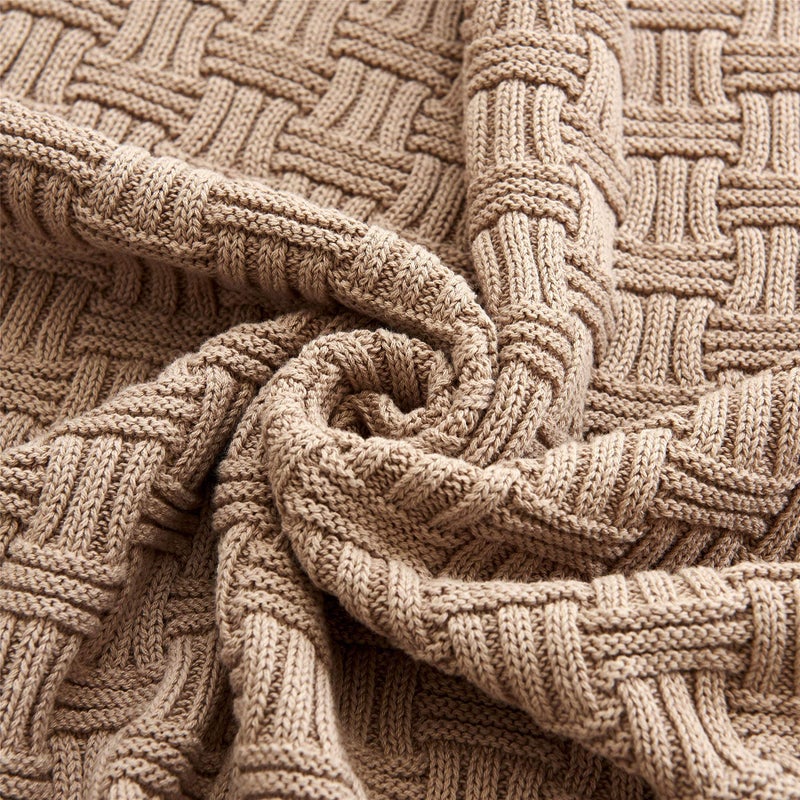 Longhui bedding Khaki Cotton Knit Throw Blanket for Couch Sofa Bed - Home Decorative Soft Cozy Sweater Woven Fall Cable Knitted Blankets - 2.3 pounds 50 x 60 Inch - Image 3